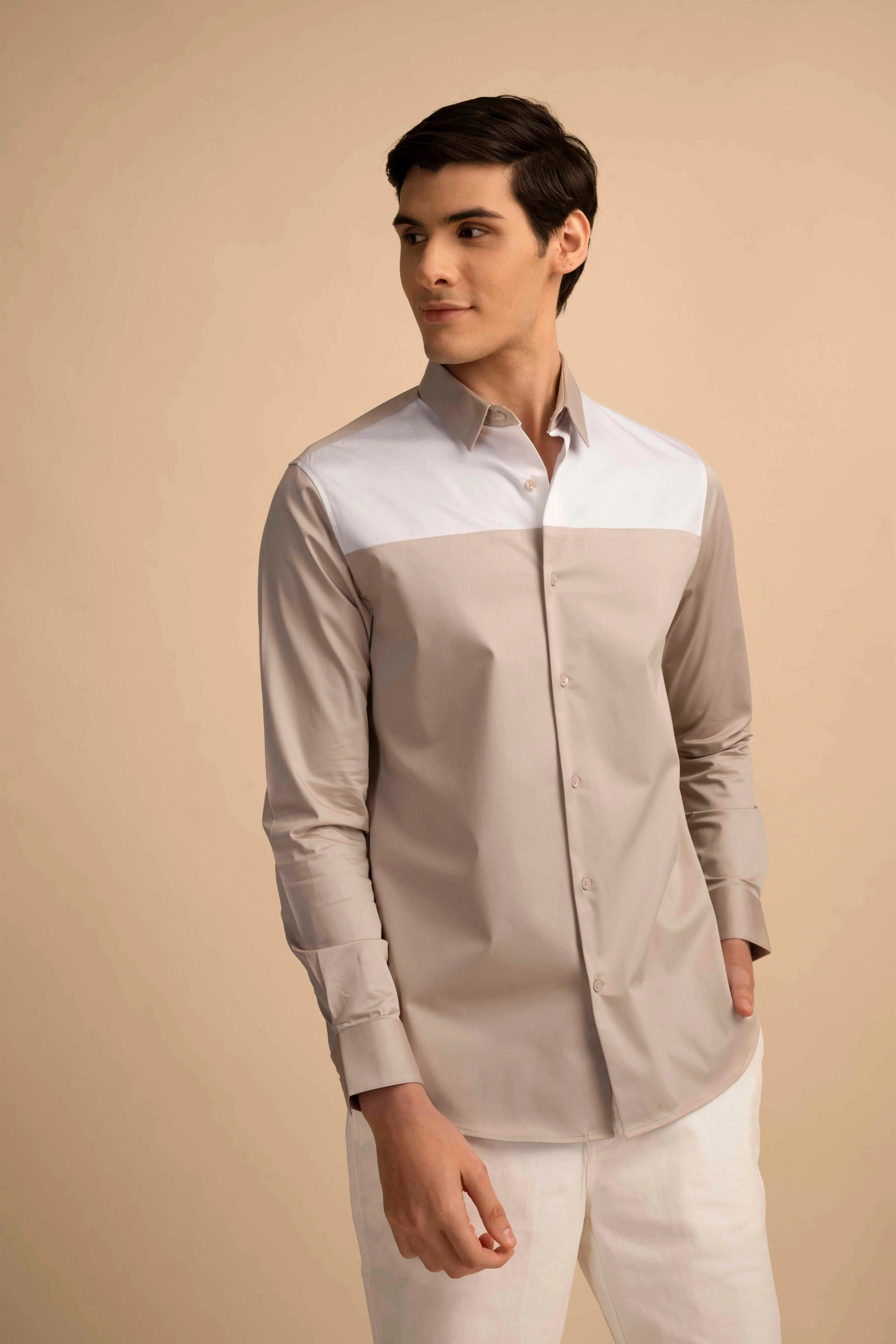 Beige Panel Stretch Satin Shirt EOSS