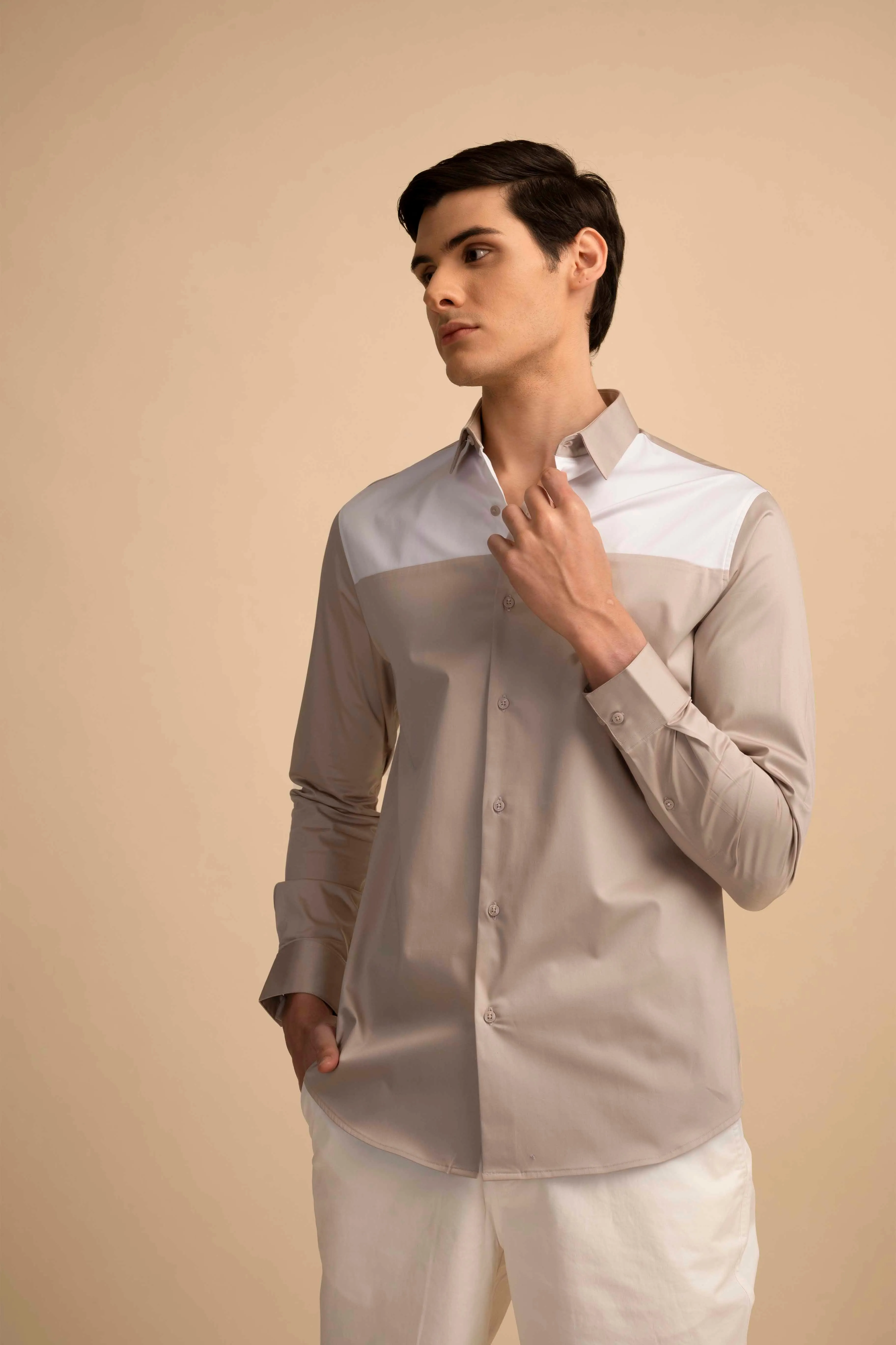 Beige Panel Stretch Satin Shirt EOSS