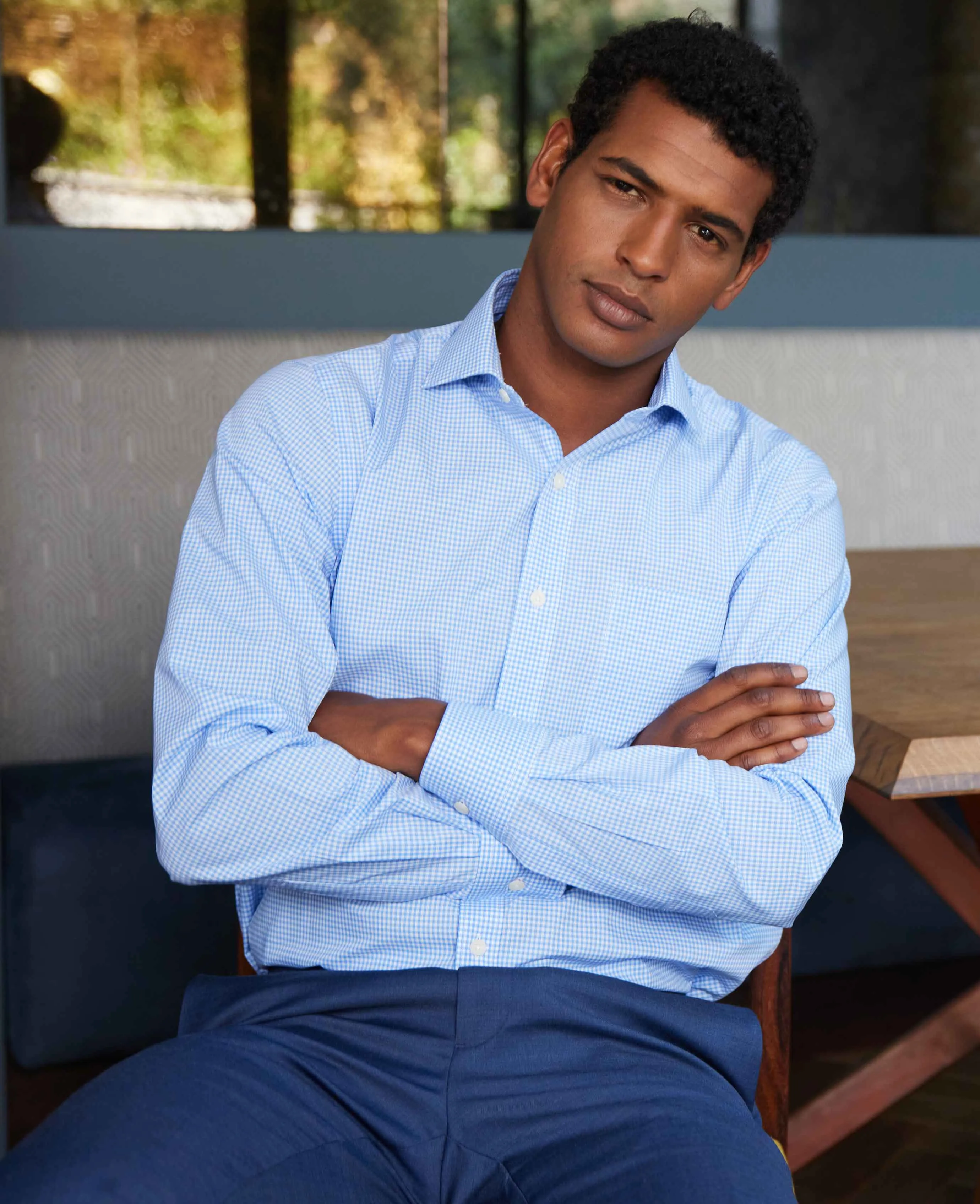 Blue Poplin Classic Fit Gingham Formal Shirt - Single Cuff