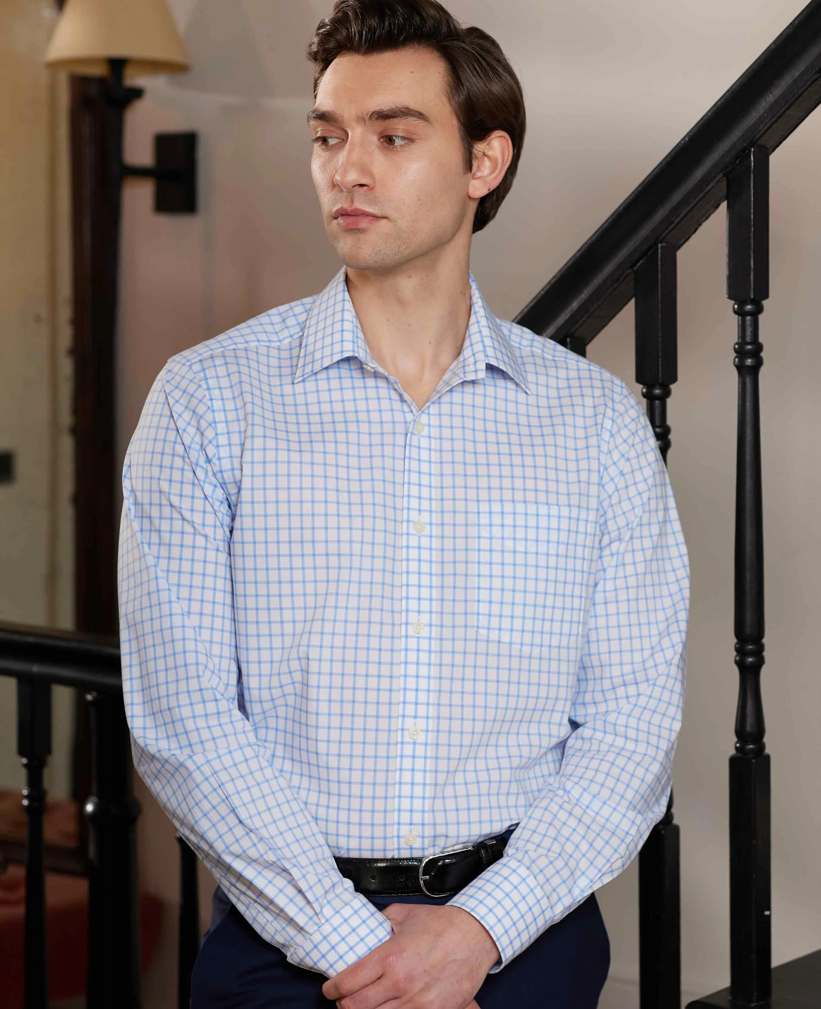 Blue White Check Classic Fit Shirt - Single Cuff