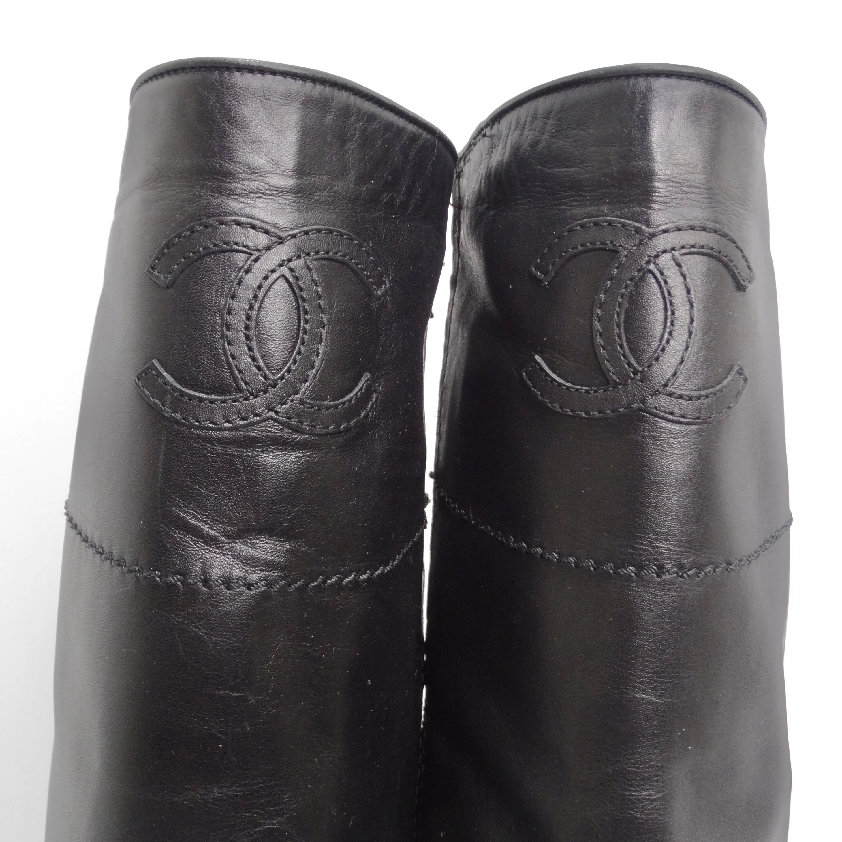 Chanel 2015 Interlocking CC Logo Black Leather Riding Boots