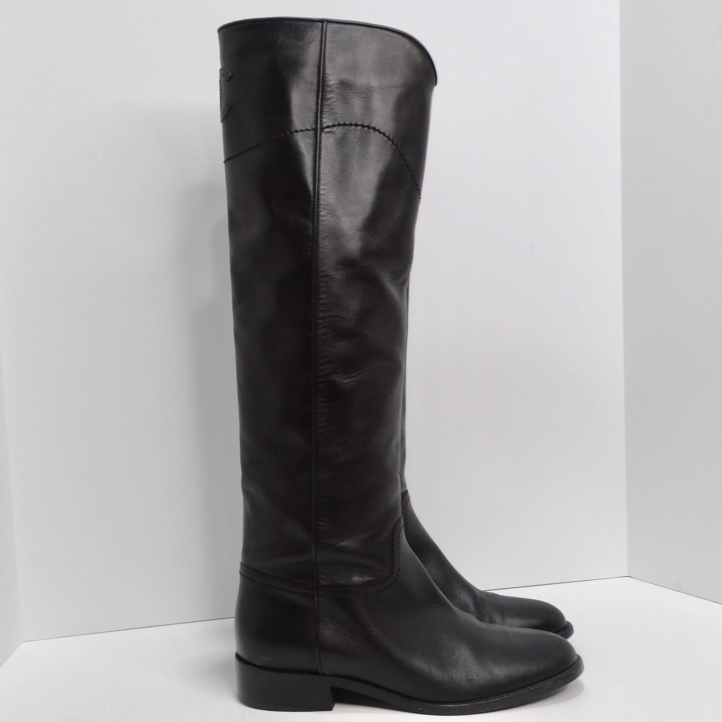 Chanel 2015 Interlocking CC Logo Black Leather Riding Boots