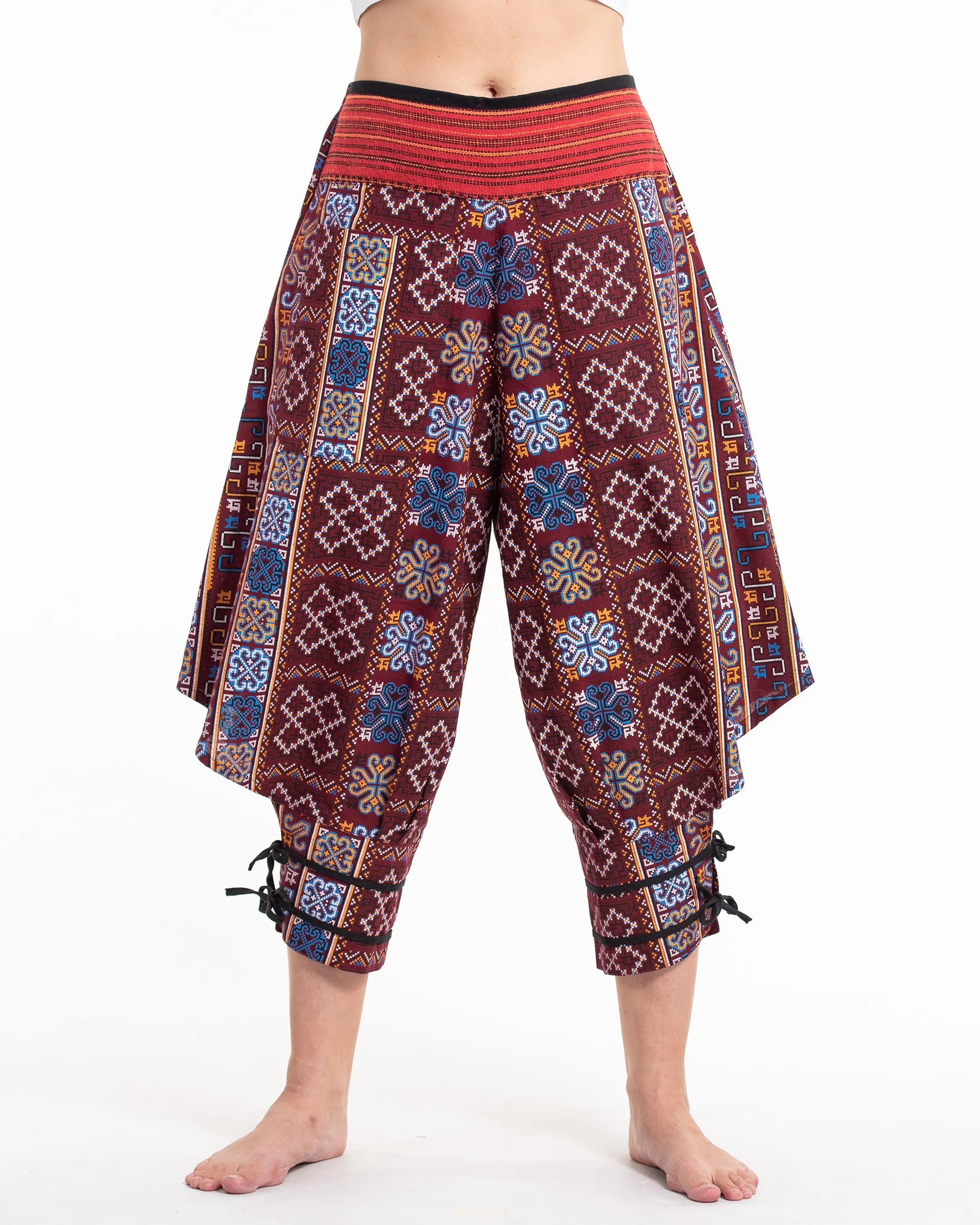 Clovers Thai Hill Tribe Fabric Harem Pants with Ankle Straps in Burgundy