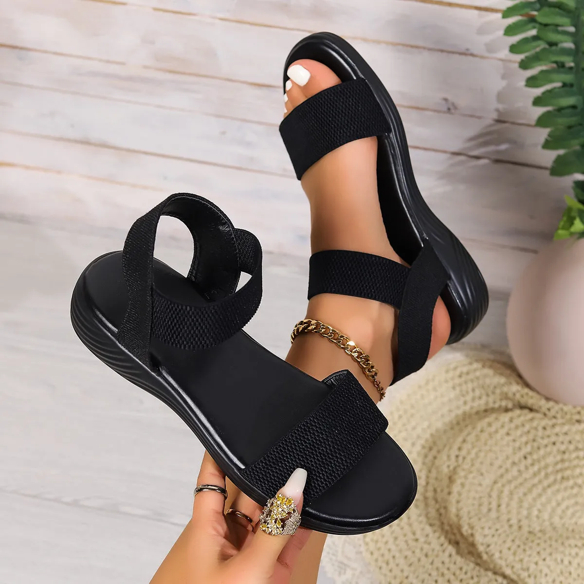 Color-block Elastic Fish Mouth Flat Summer Sandals