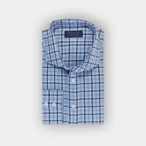 Contemporary Fit Light Blue Check Brushed Cotton Shirt with Cut-away Collar & Two Button Cuff