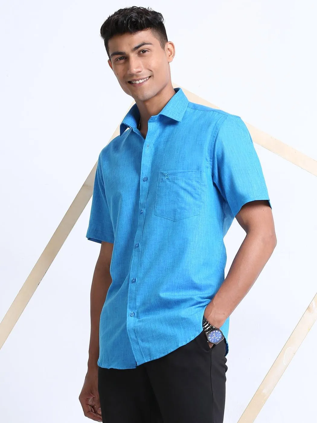 Cotton Linen Deep Sky Blue Colour Shirt Half Sleeve