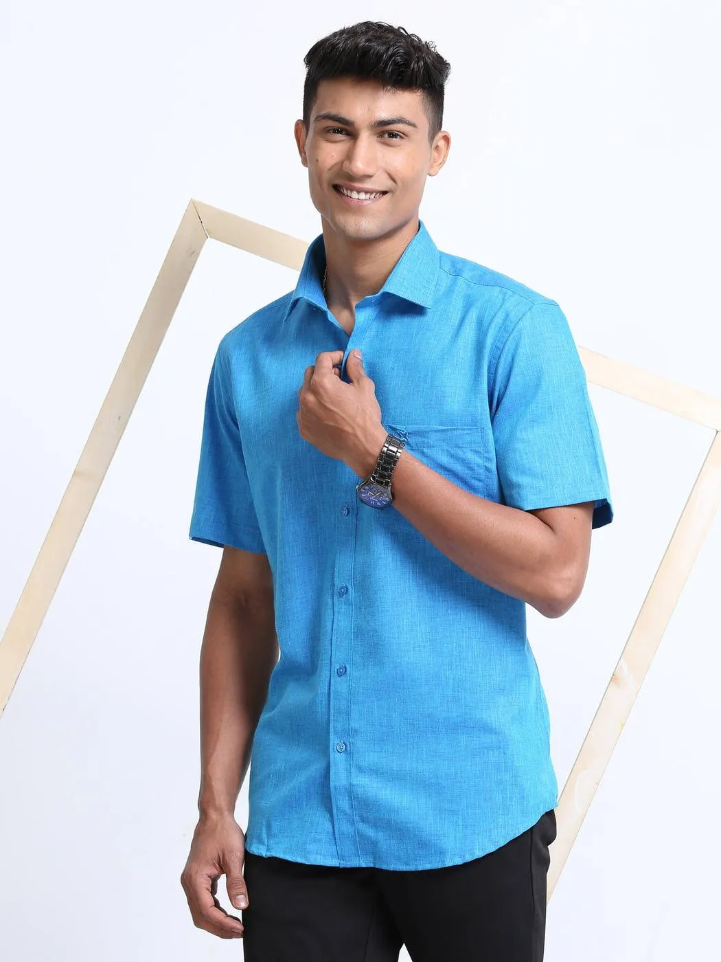 Cotton Linen Deep Sky Blue Colour Shirt Half Sleeve