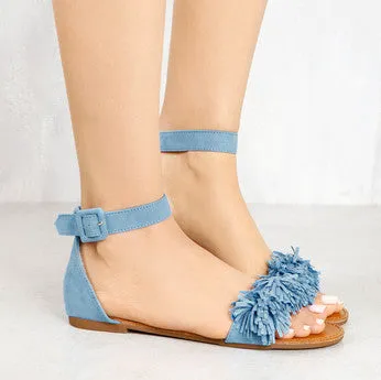 Lyla Blue Fringed Flat Sandals