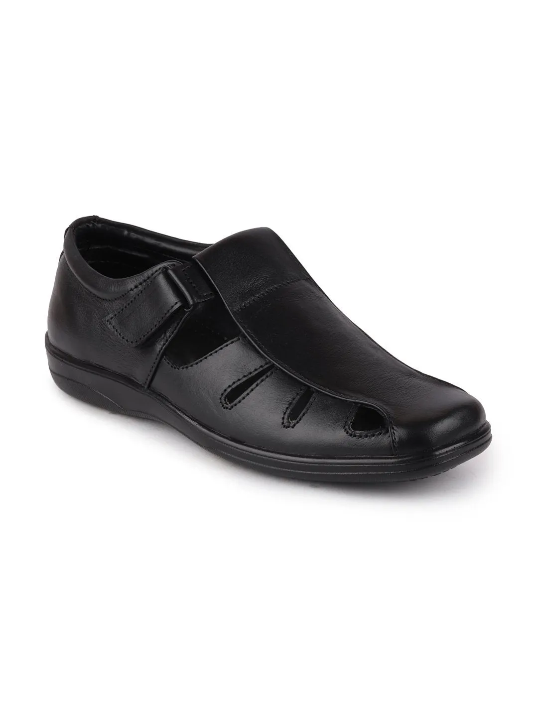 Men Black Formal Leather Hook & Loop Flat Sandals