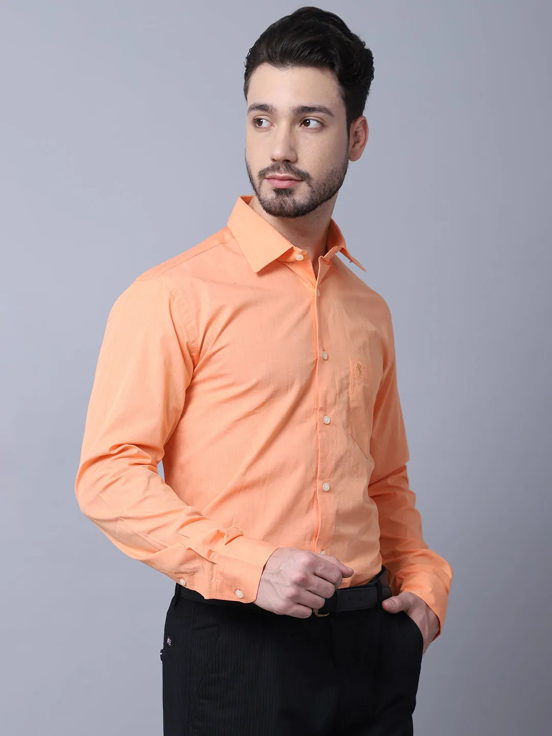 Men Orange Cotton Blend Solid Full Sleeves Regular Fit Formal Shirt with Pocket