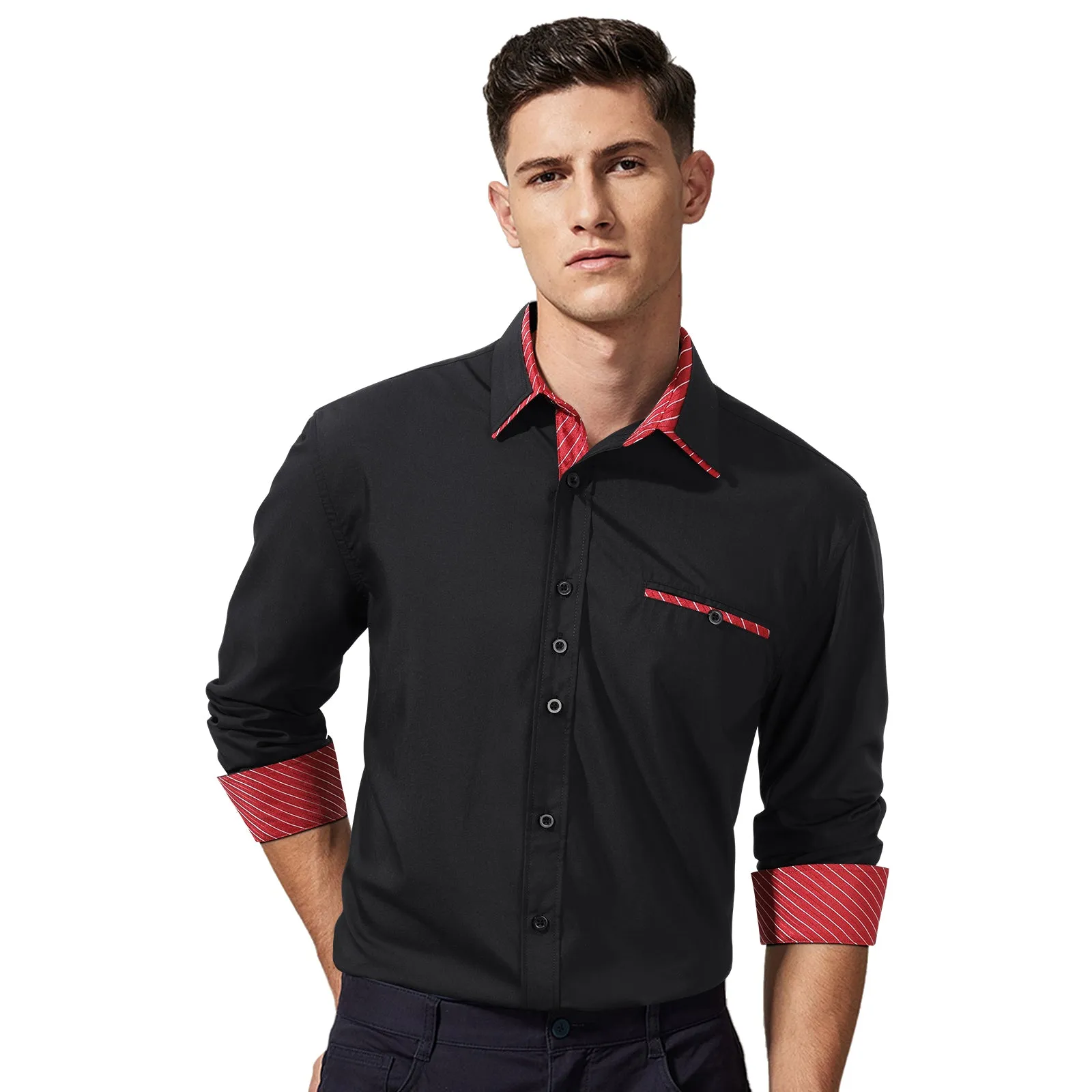 Men's Black Dress Shirt with Contrast Red Cuff - Z-BLACK RED/STRIPE