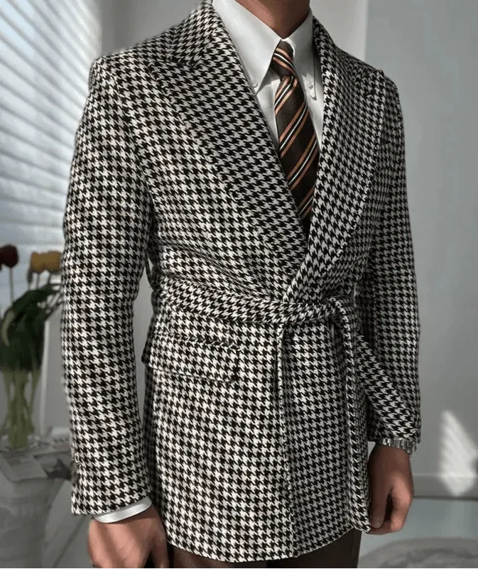 Men's Houndstooth Plaid Slim Fit Wool Blazer with Belt