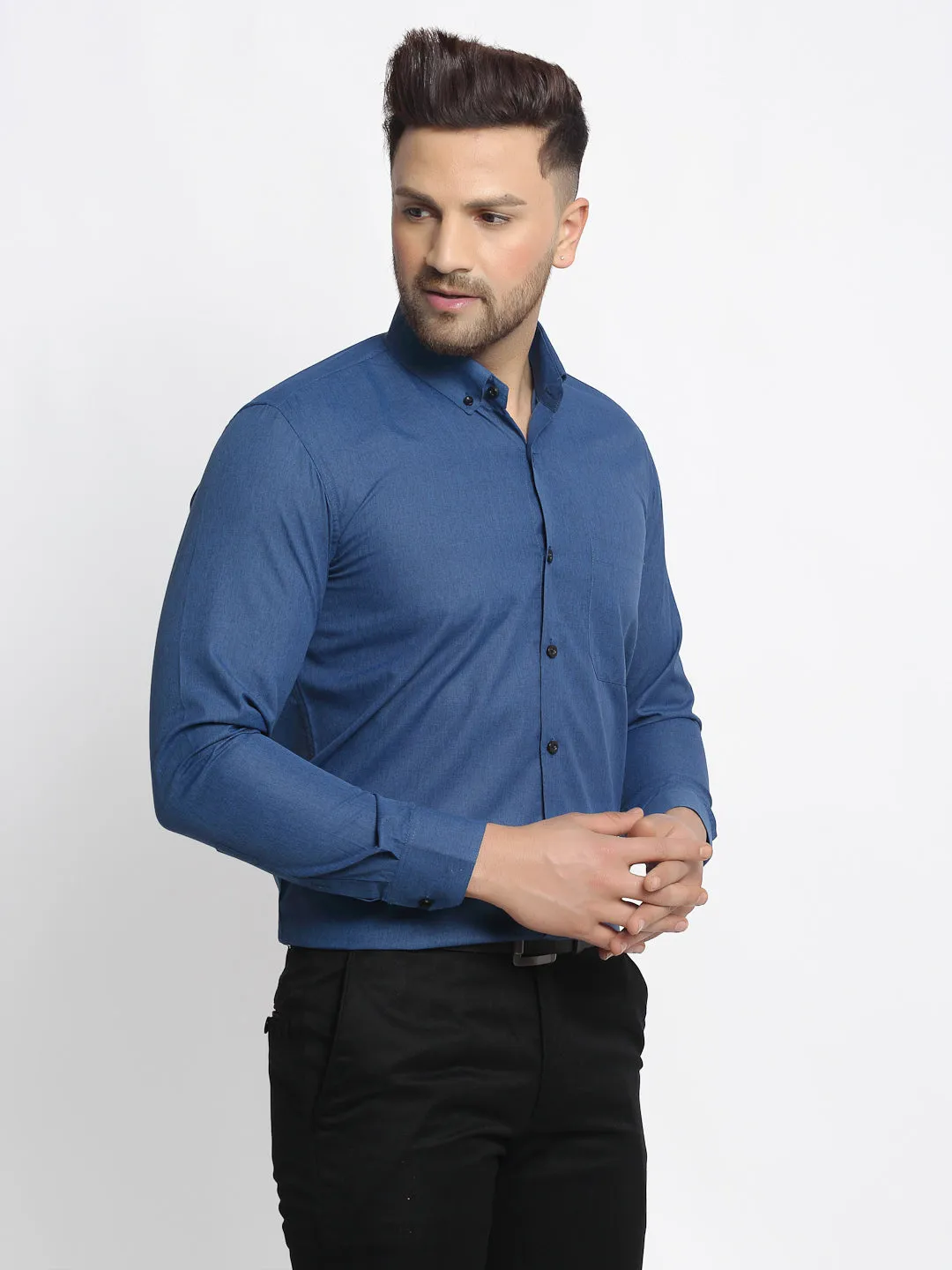 Men's Navy Cotton Solid Button Down Formal Shirts ( SF 734Teal ) - Jainish