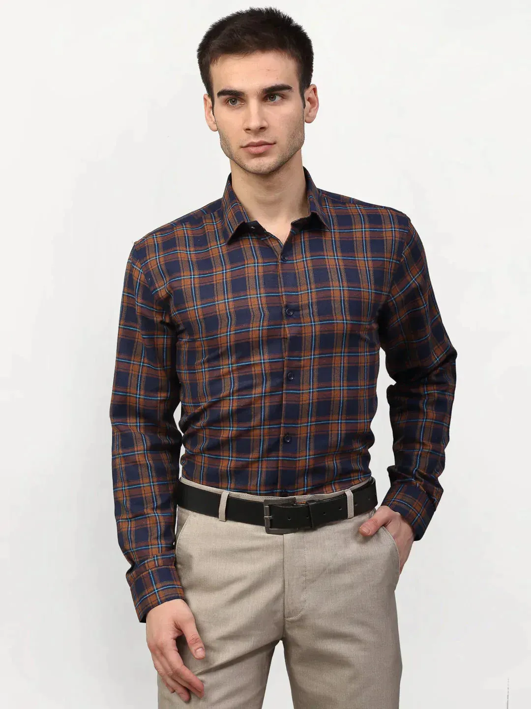 Men's Orange Checked Formal Shirts - Taantav