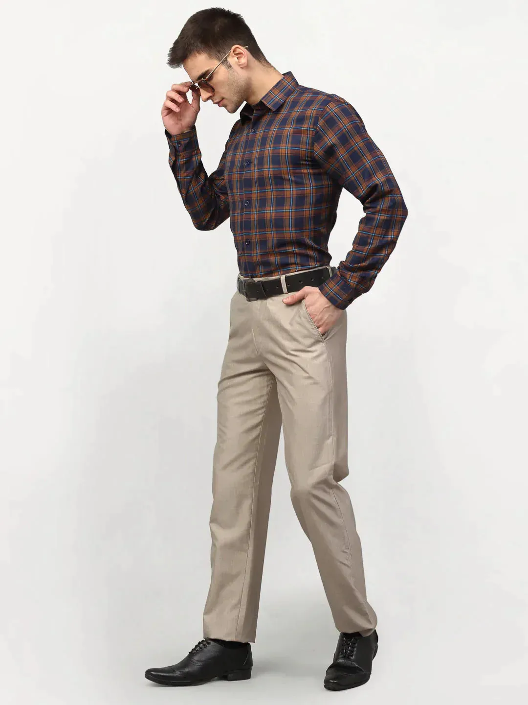 Men's Orange Checked Formal Shirts - Taantav