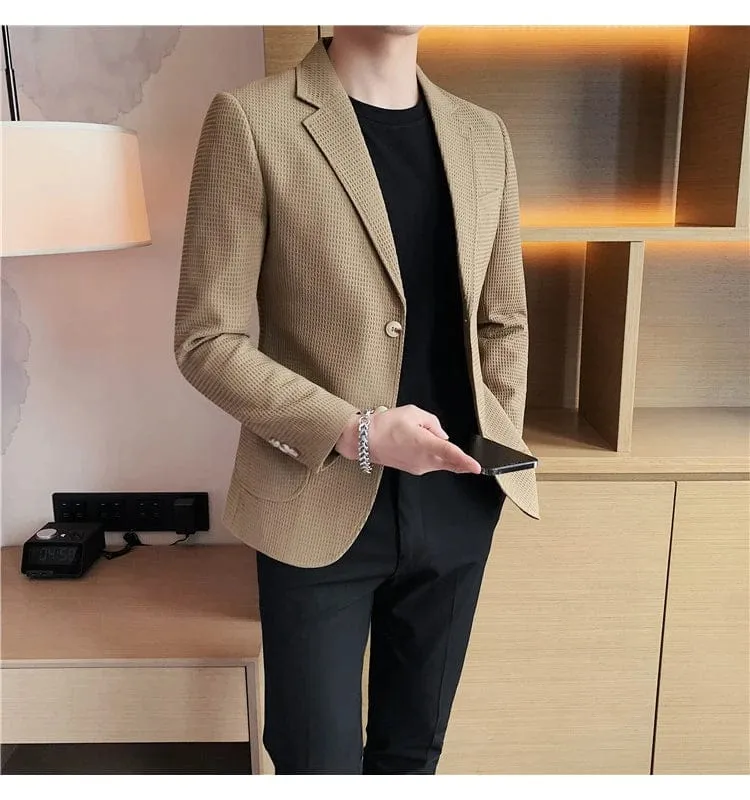 Men's Single Breasted Slim Fit Blazer Waffle Jacket: High-Quality Casual/Formal Suit Coat