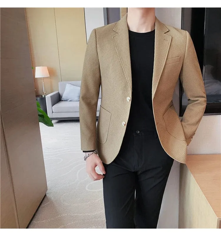 Men's Single Breasted Slim Fit Blazer Waffle Jacket: High-Quality Casual/Formal Suit Coat