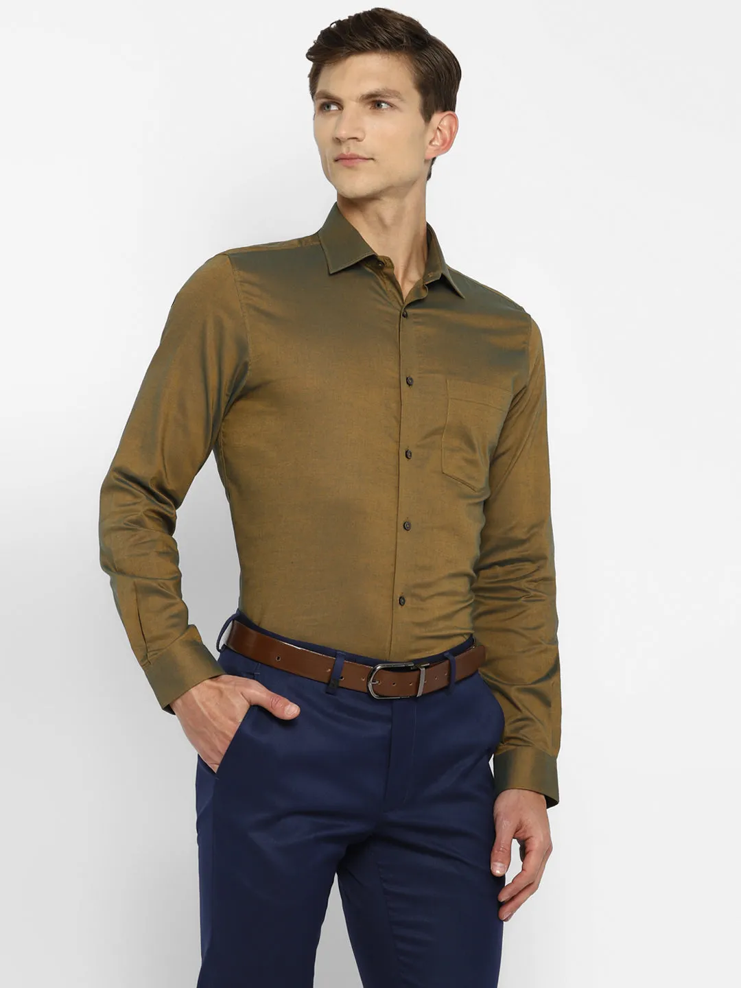 Olive Cotton Solid Slim Fit Shirts