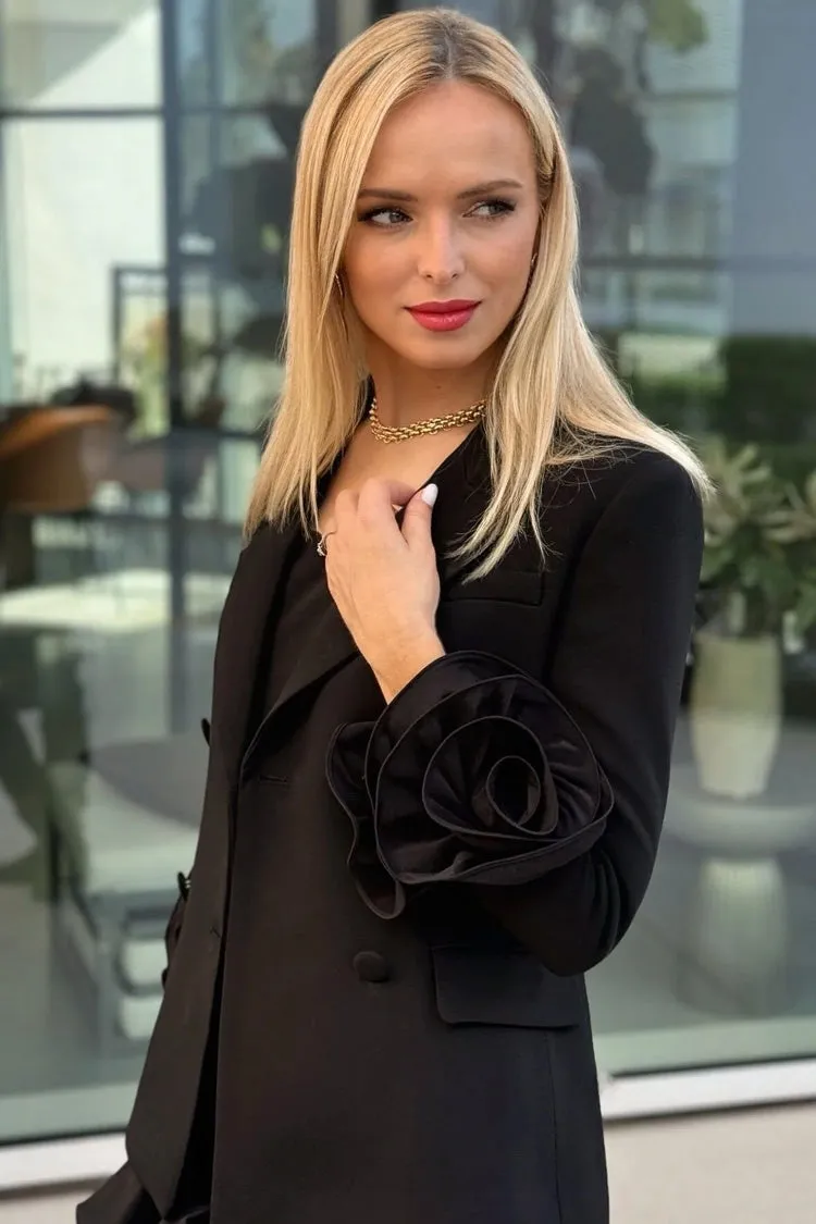 Powerful Lapel 3D Flower Long Sleeve Double Breasted Cinch Waist Blazer