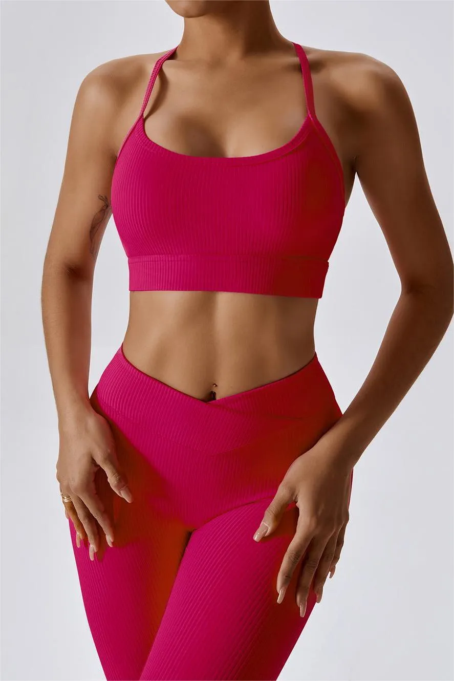 Ribbed Adjustable T-Back Strap Sports Bra