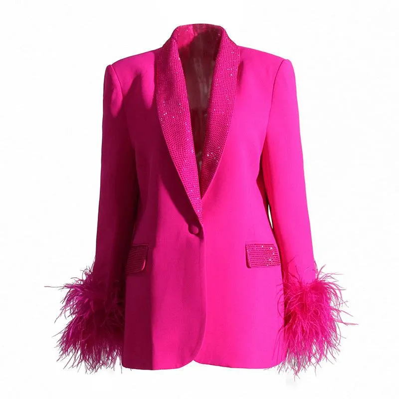 Sara long sleeve feather blazer with diamond collar