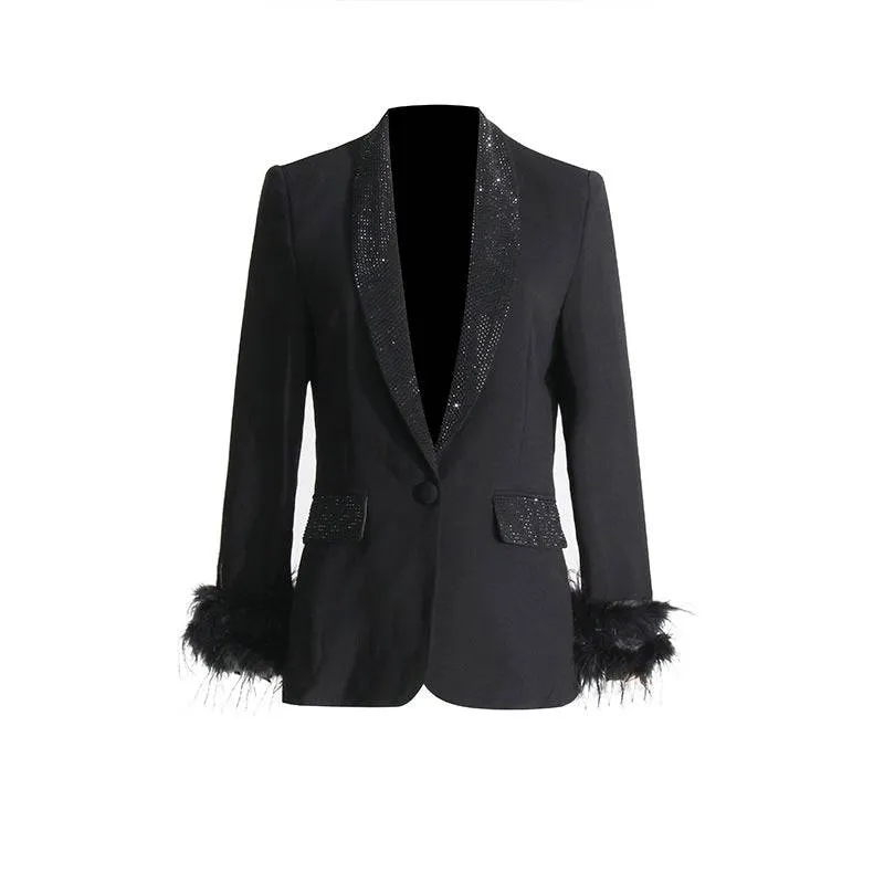 Sara long sleeve feather blazer with diamond collar