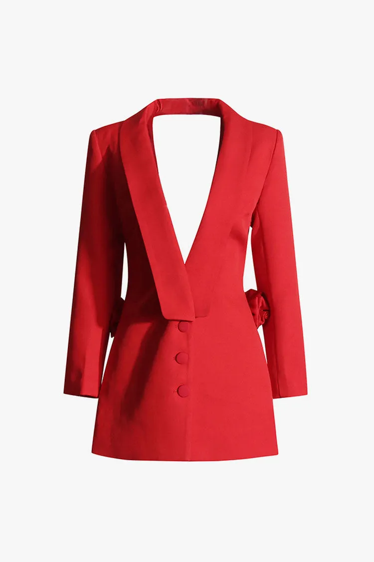 Sexy Shawl Collar Plunge Single Breasted Rosette Trim Cutout Blazer