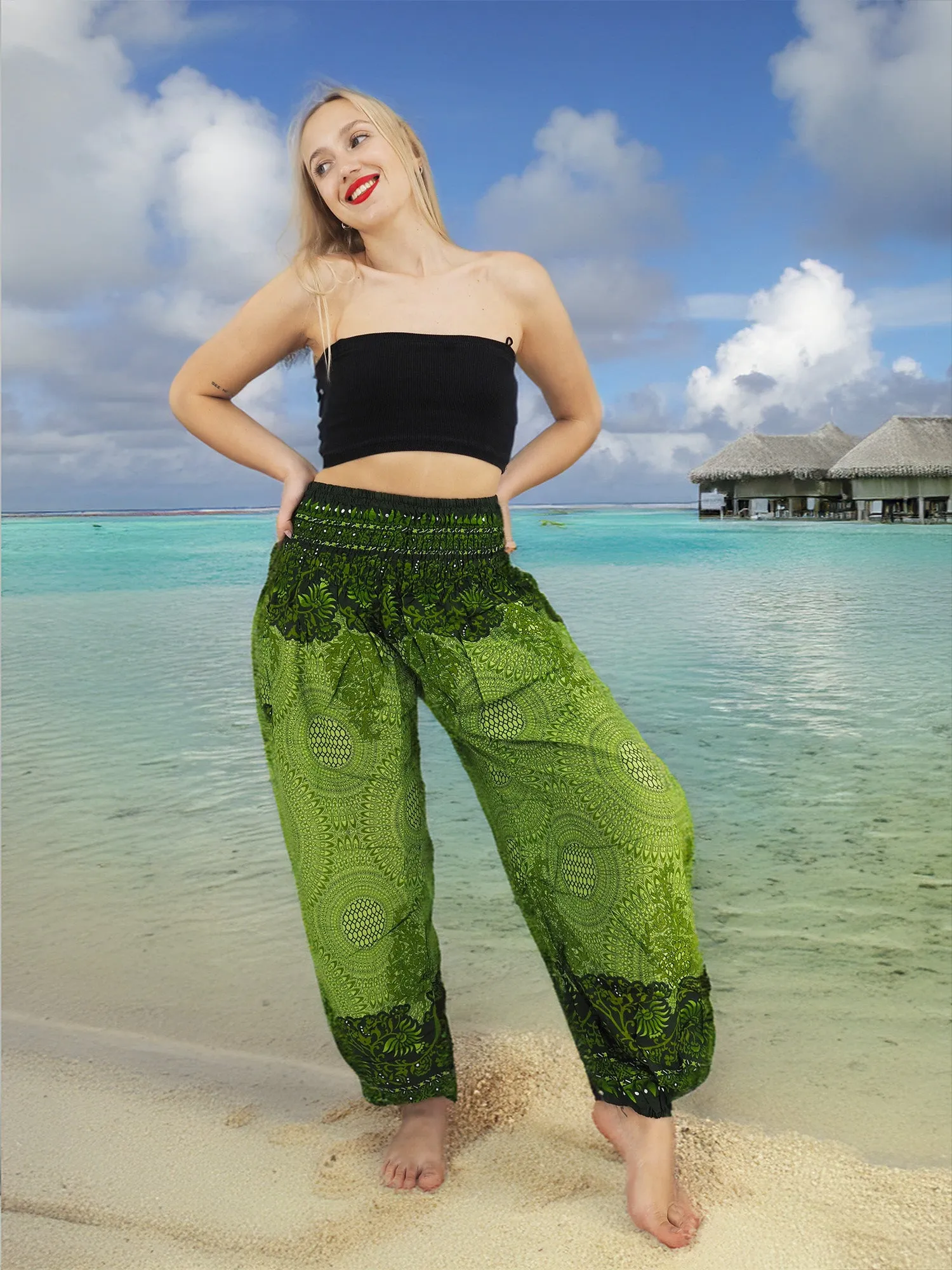 Unisex Harem Yoga Hippie Boho Pants in Green Tones XL