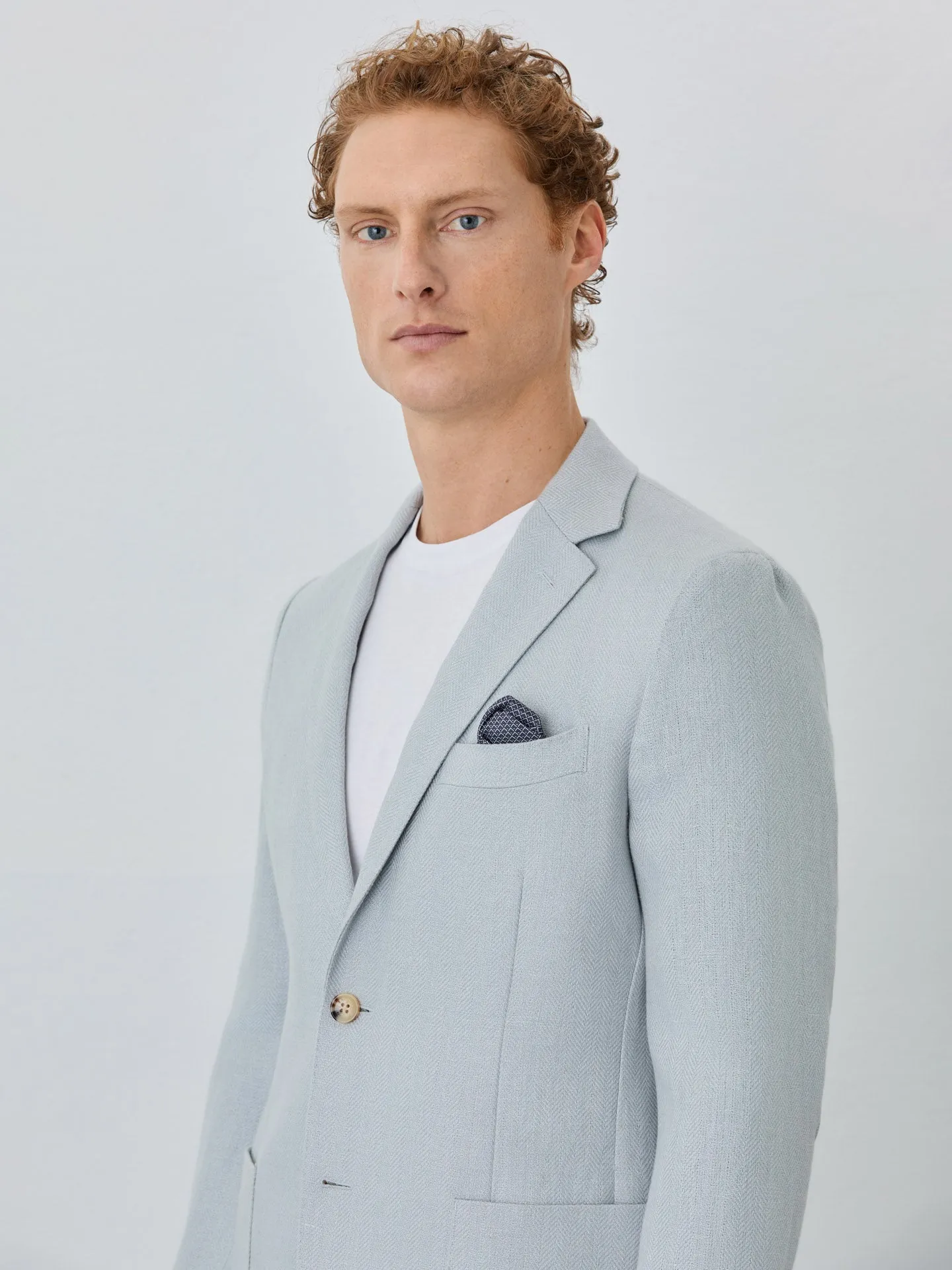 Unstructured Herringbone Blazer With Patch Pockets In Linen