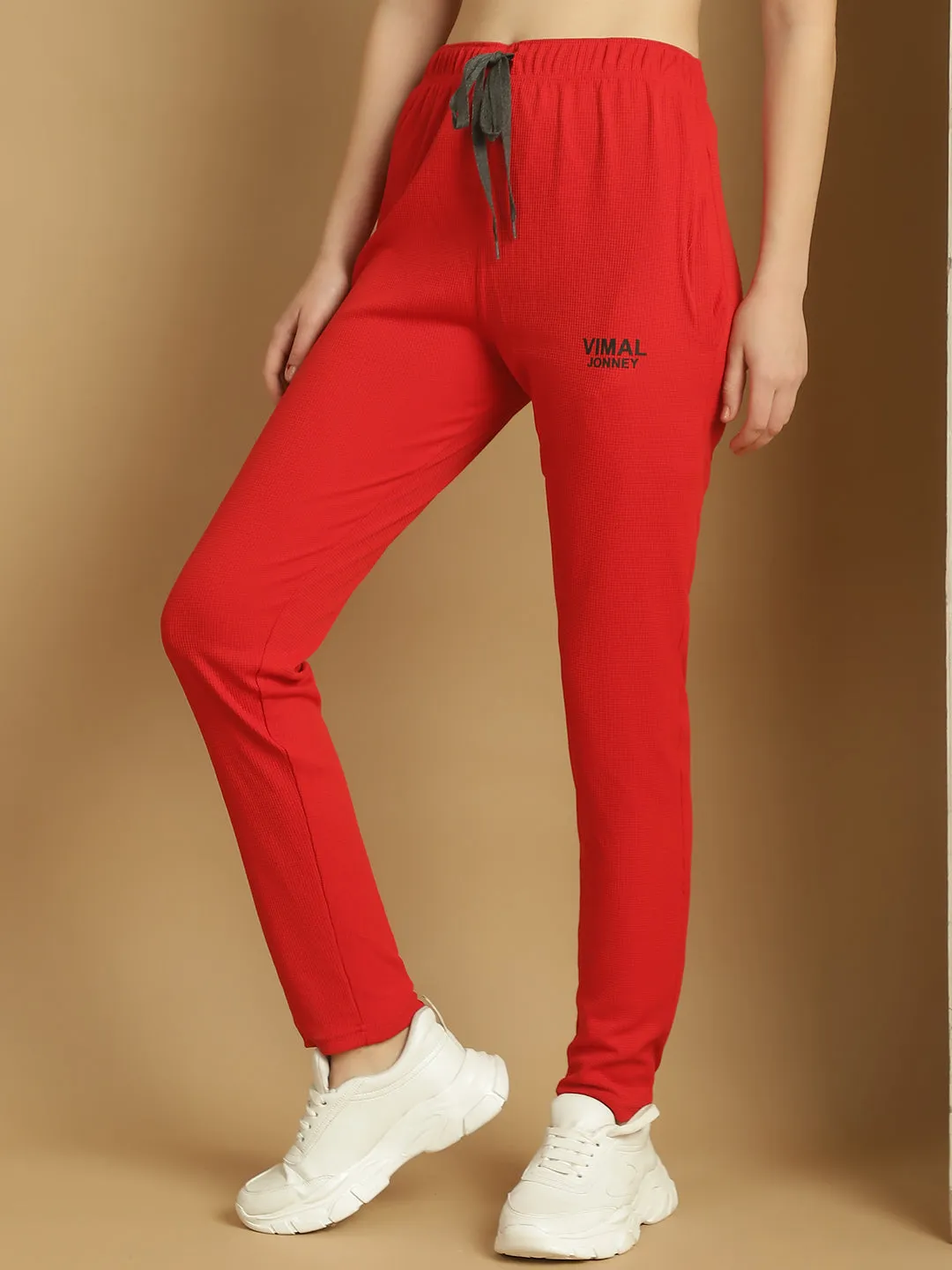 Vimal Jonney Solid Red Regular Fit Polyster Lycra Trackpant For Women