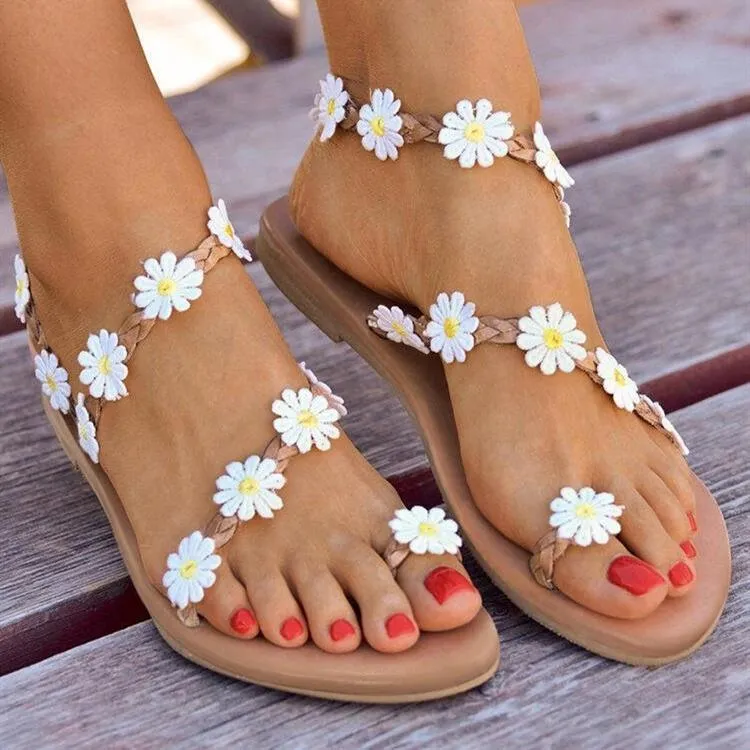 Women white flower strappy flat summer beach wedding sandals