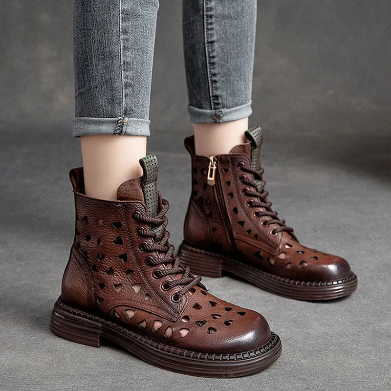 Women's Hollow Sandals Thick-Soled High-Top Cowhide Martin Boots