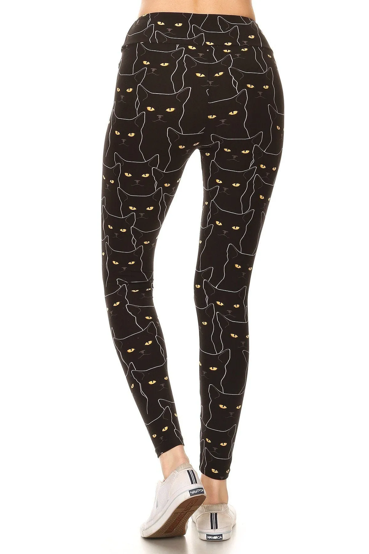 Yoga Style Banded Lined Black Cat Print, Full Length Leggings In A Slim Fitting